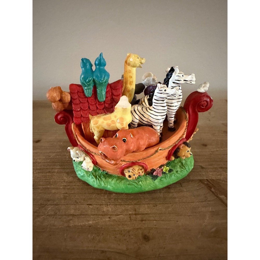 Noah's Ark Musical Figurine Wind Up Resin Animals Nursery Decor Multi Color‎